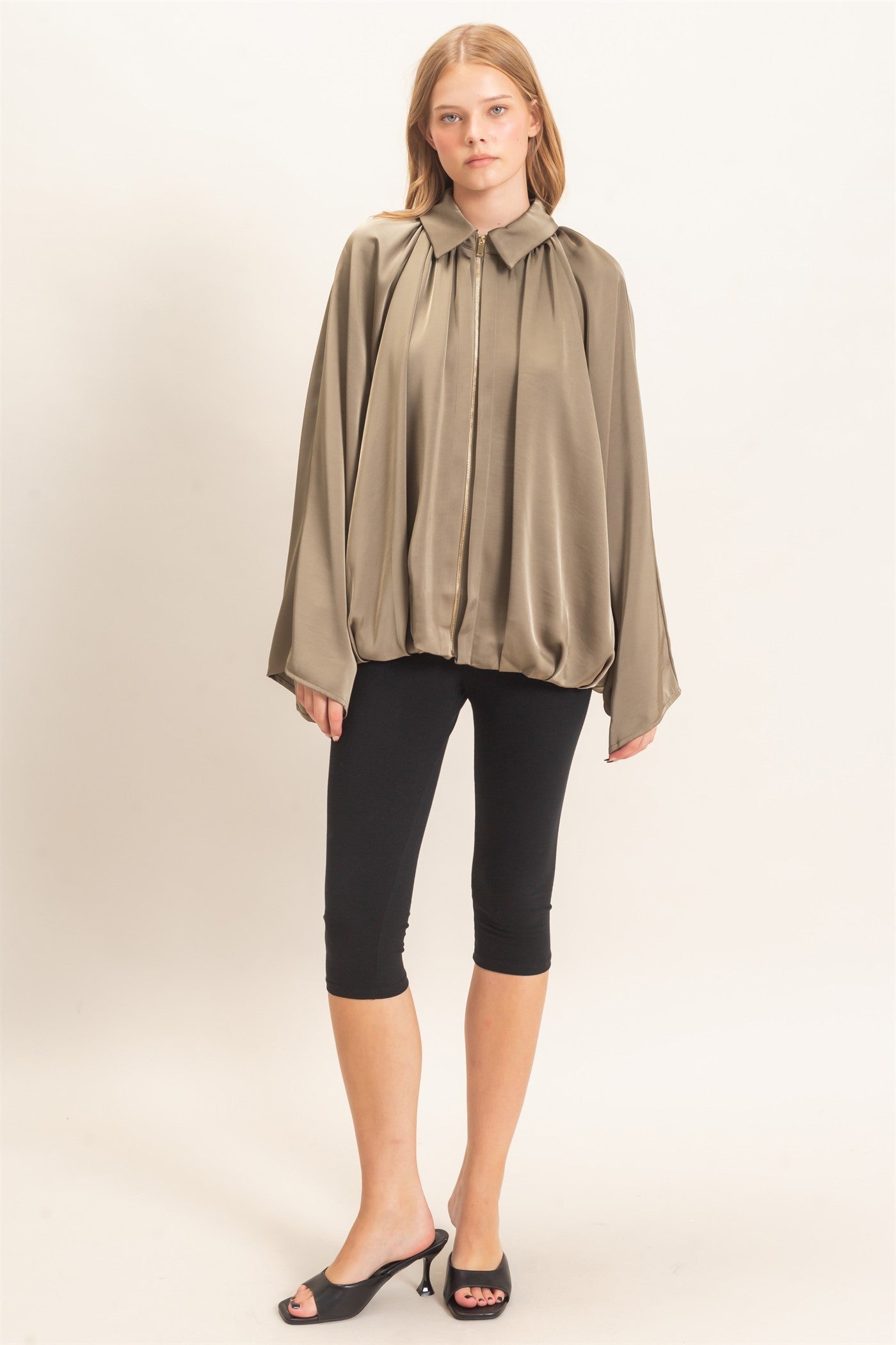 Dark Olive Satin Ballon Jacket