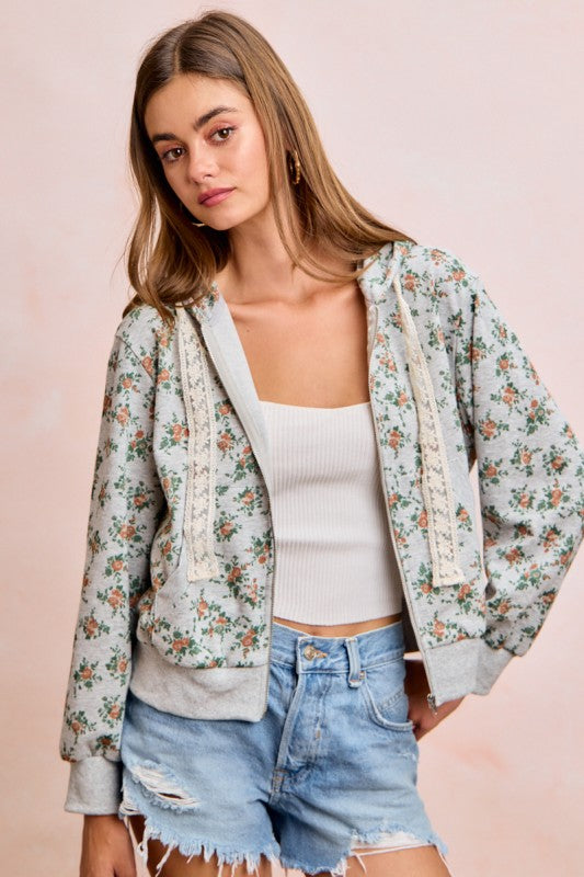 Grey Floral Printed Terry Hoodie