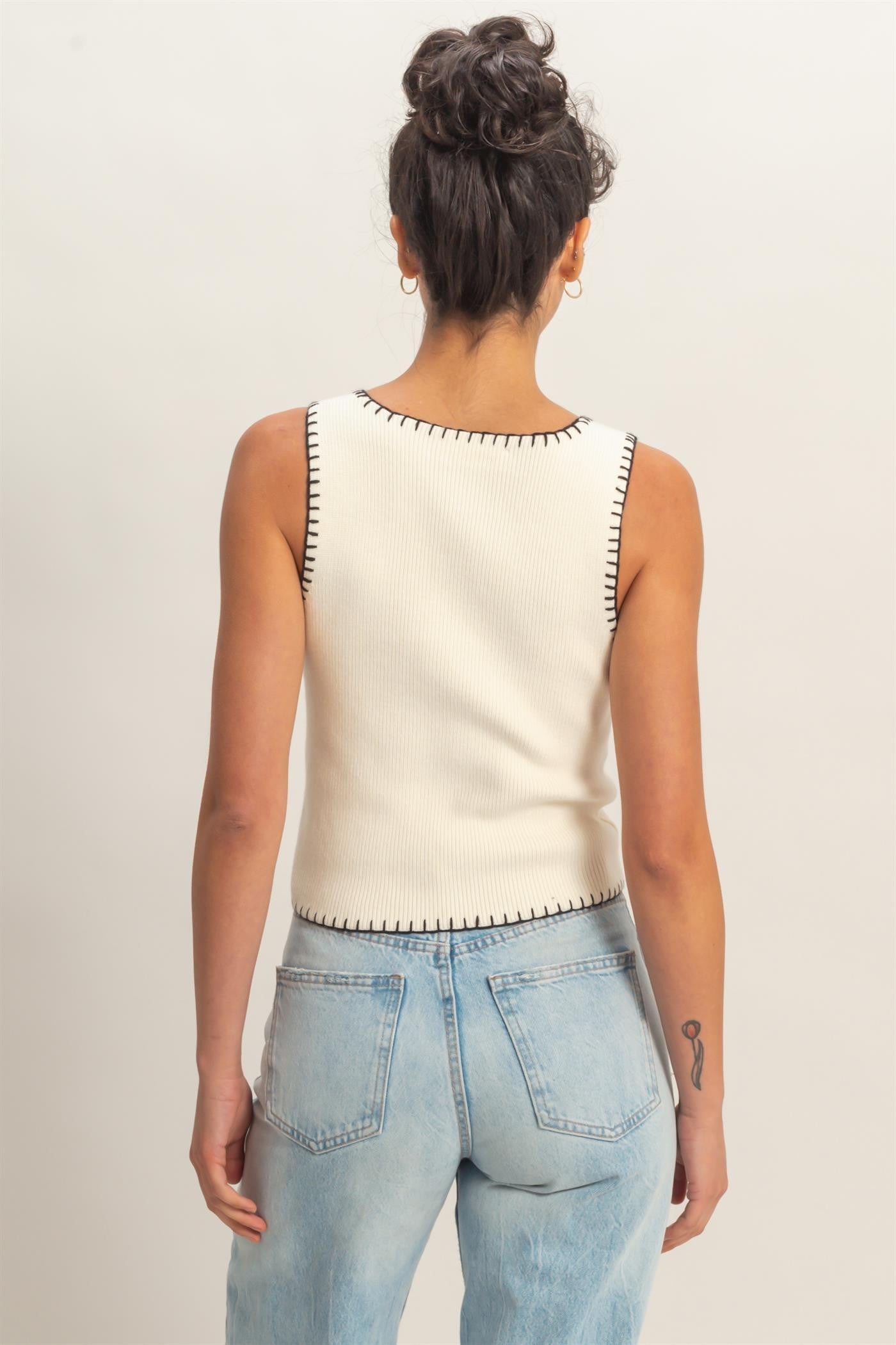 Ribbed Blanket Stitch Square Neck Tank Top