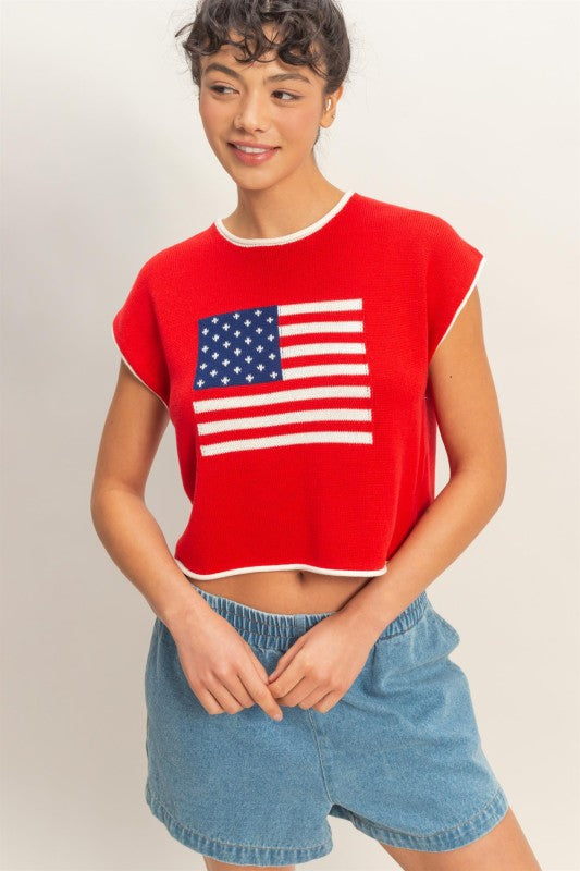 Rolled Hem Sleeveless Flag Graphic Top
