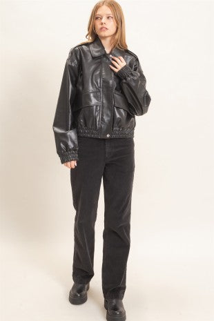 Faux Leather Collared Bomber Jacket