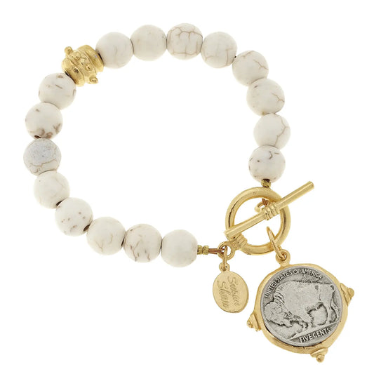Susan Shaw Buffalo Nickel on White Turquoise Bracelet