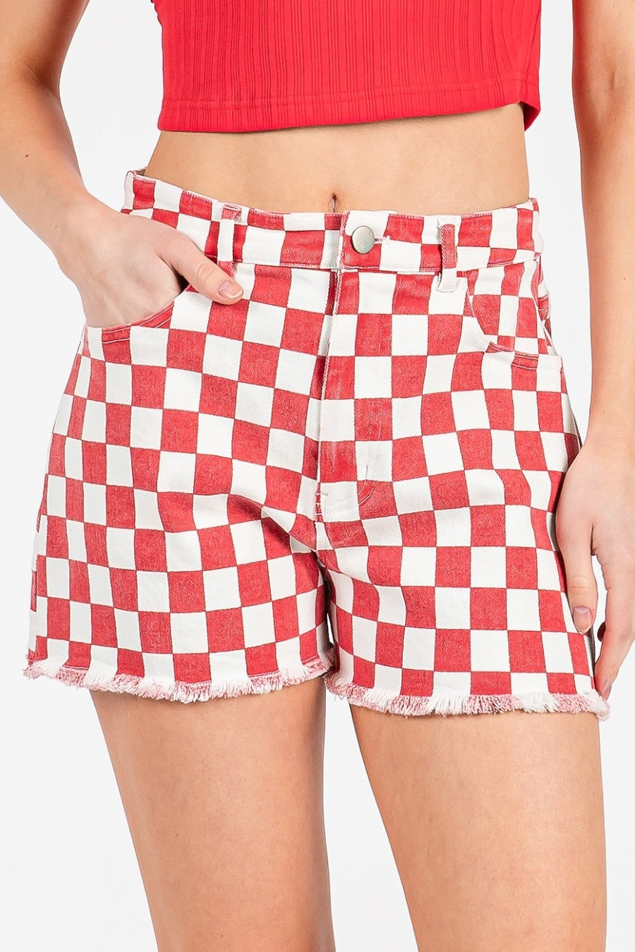 Red Checkered Denim Shorts