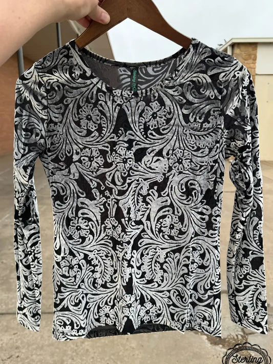 Black & Silver Velvet Tooled Design Mesh Top