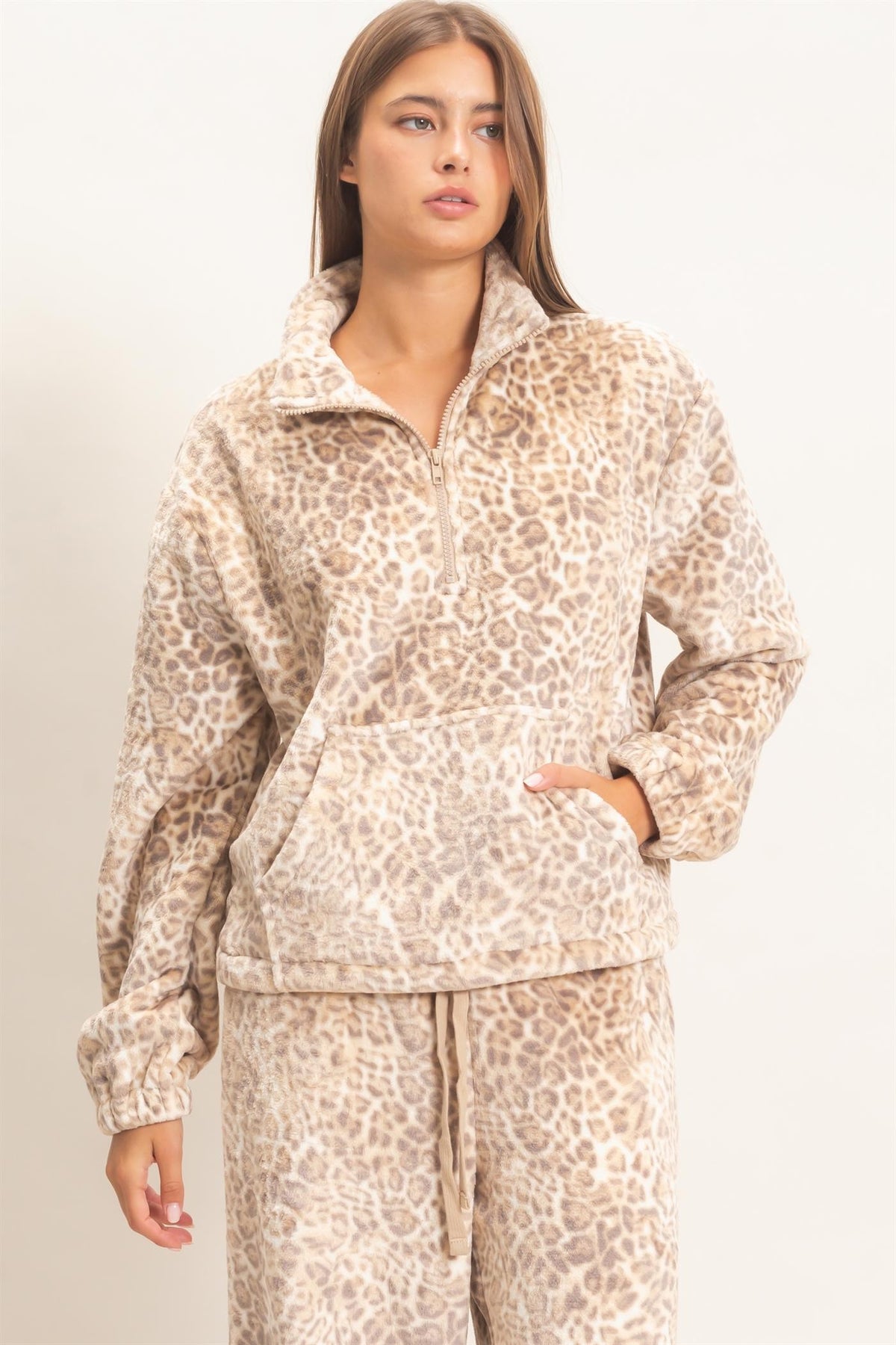 Leopard Print Fleece Half Zip Pullover
