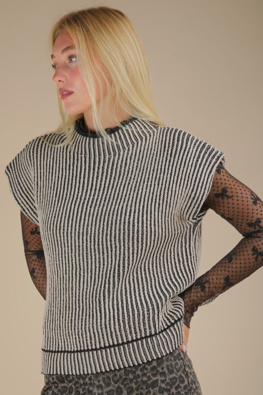 Black Two Toned Ribbed Sweater Vest