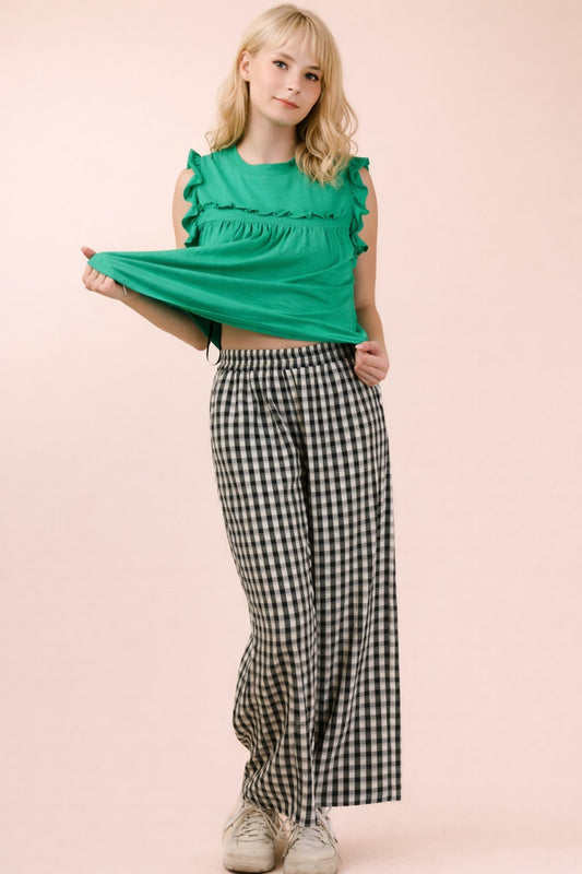 Black Checkered Elastic Waist Pants