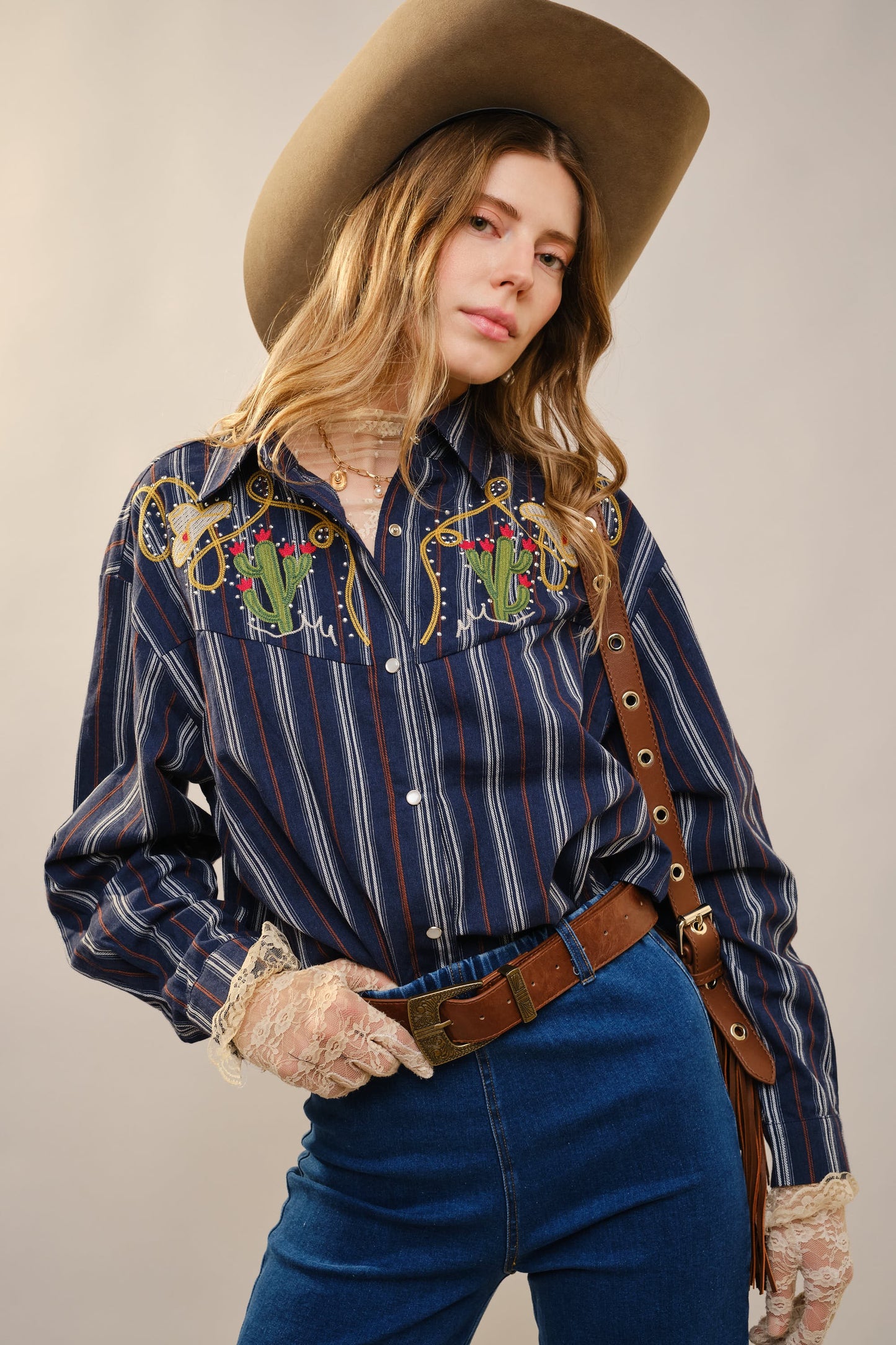 Navy Striped Cactus Embroidered Button Down