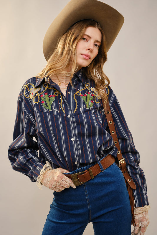Navy Striped Cactus Embroidered Button Down