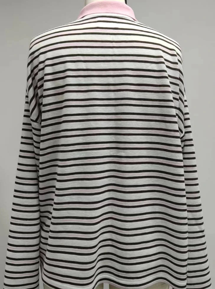 Contrasting Striped Pink Collard LS Top