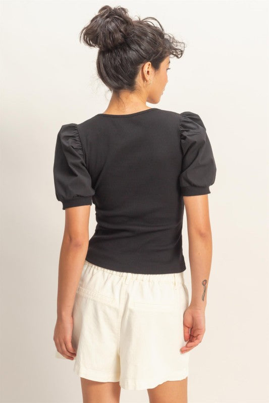 Ribbed Puff Sleeve Scoop Neck Top- Black
