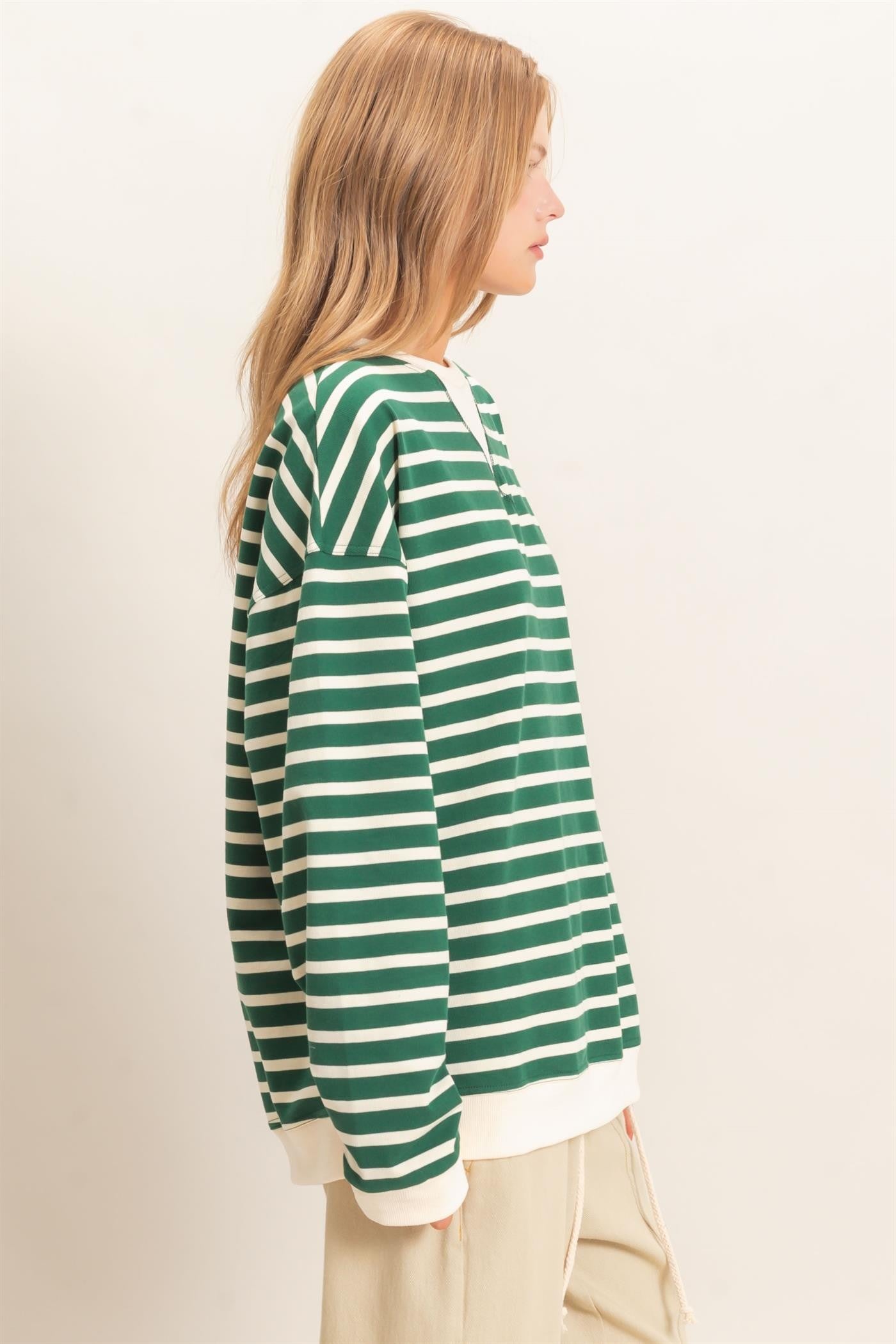 Green Striped Long Sleeve Pullover