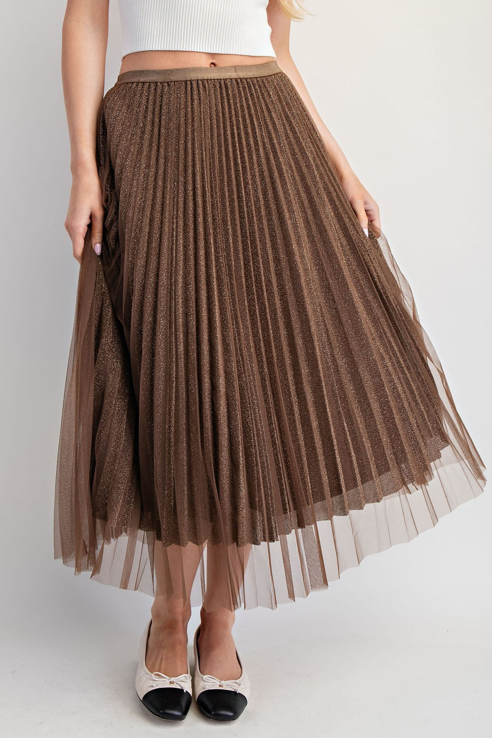 Glittery Pleated Mesh Midi Skirt