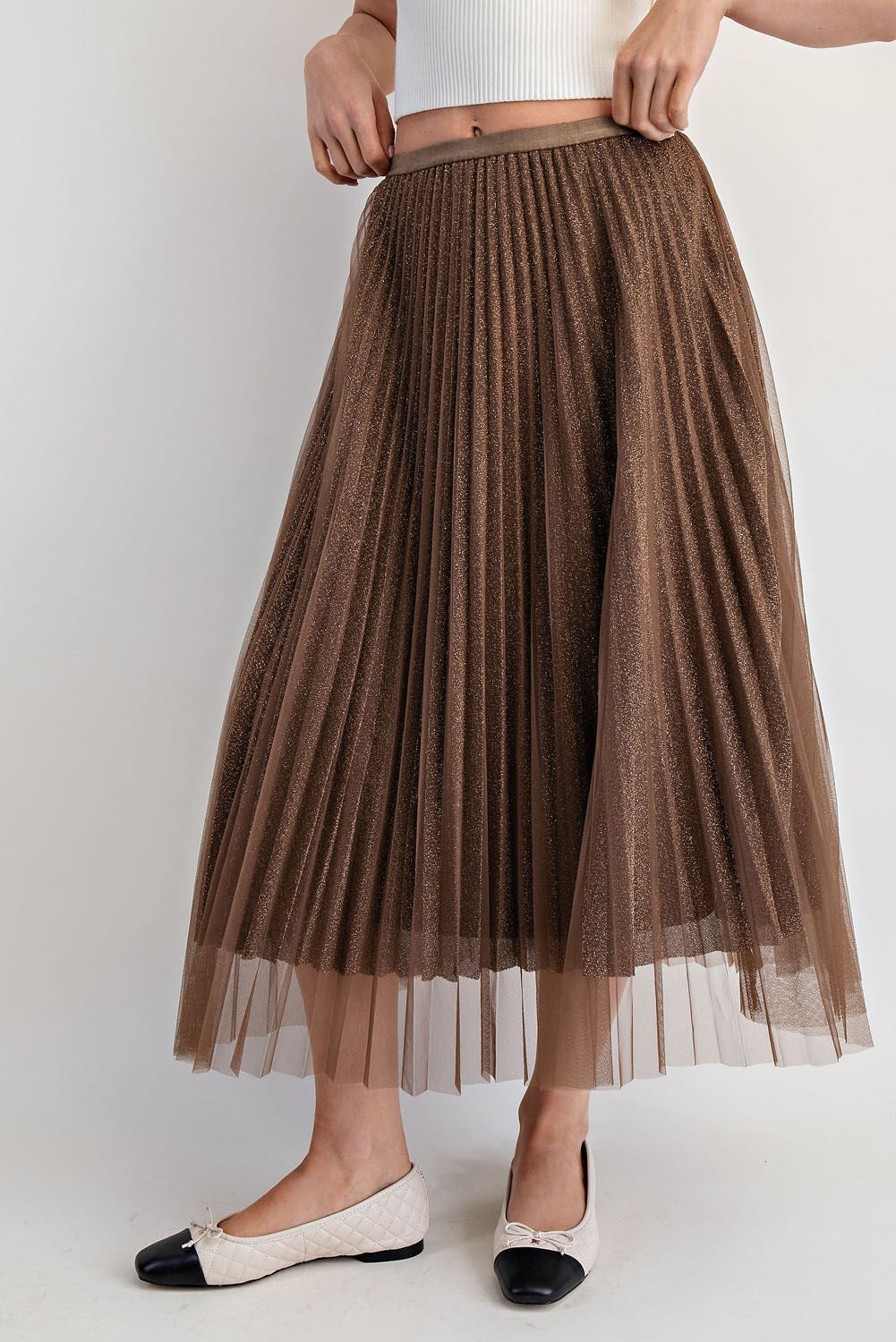 Glittery Pleated Mesh Midi Skirt