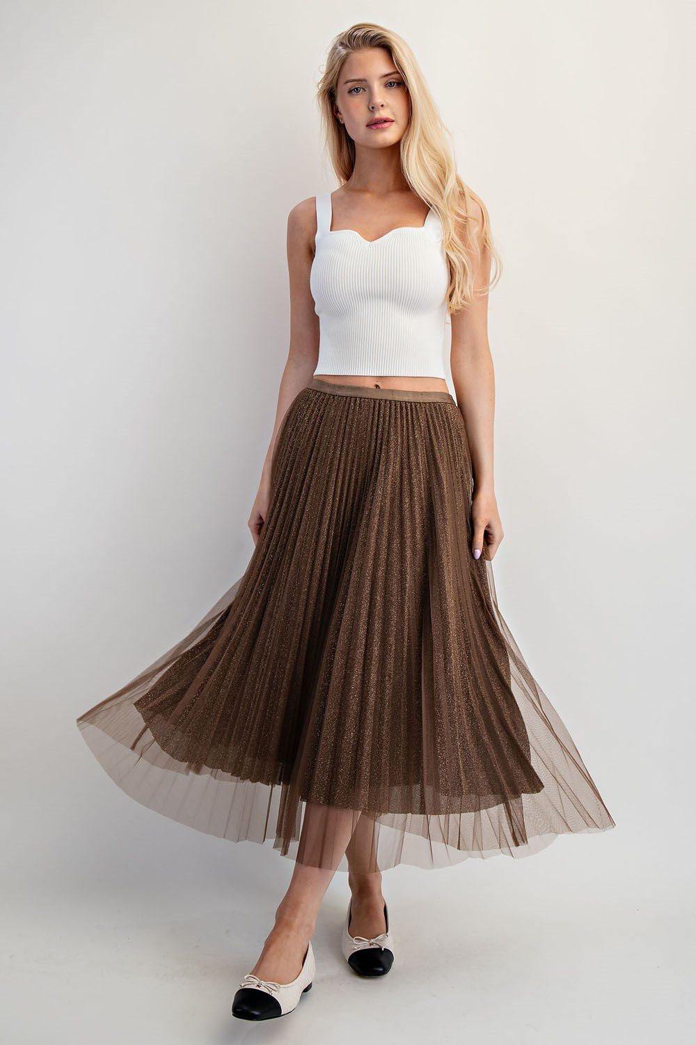 Glittery Pleated Mesh Midi Skirt