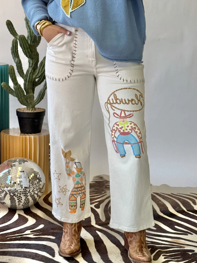 Howdy Design Whipstitched Pocket White Jeans