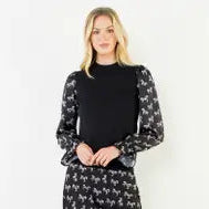 Horse Print Sleeve Top- Black
