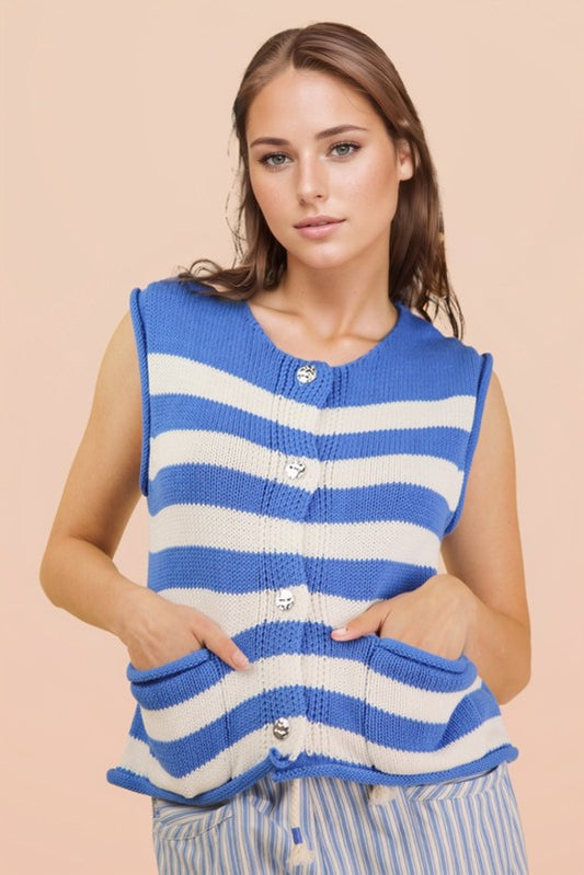 Blue Stripe Button Down Knit Sweater Top