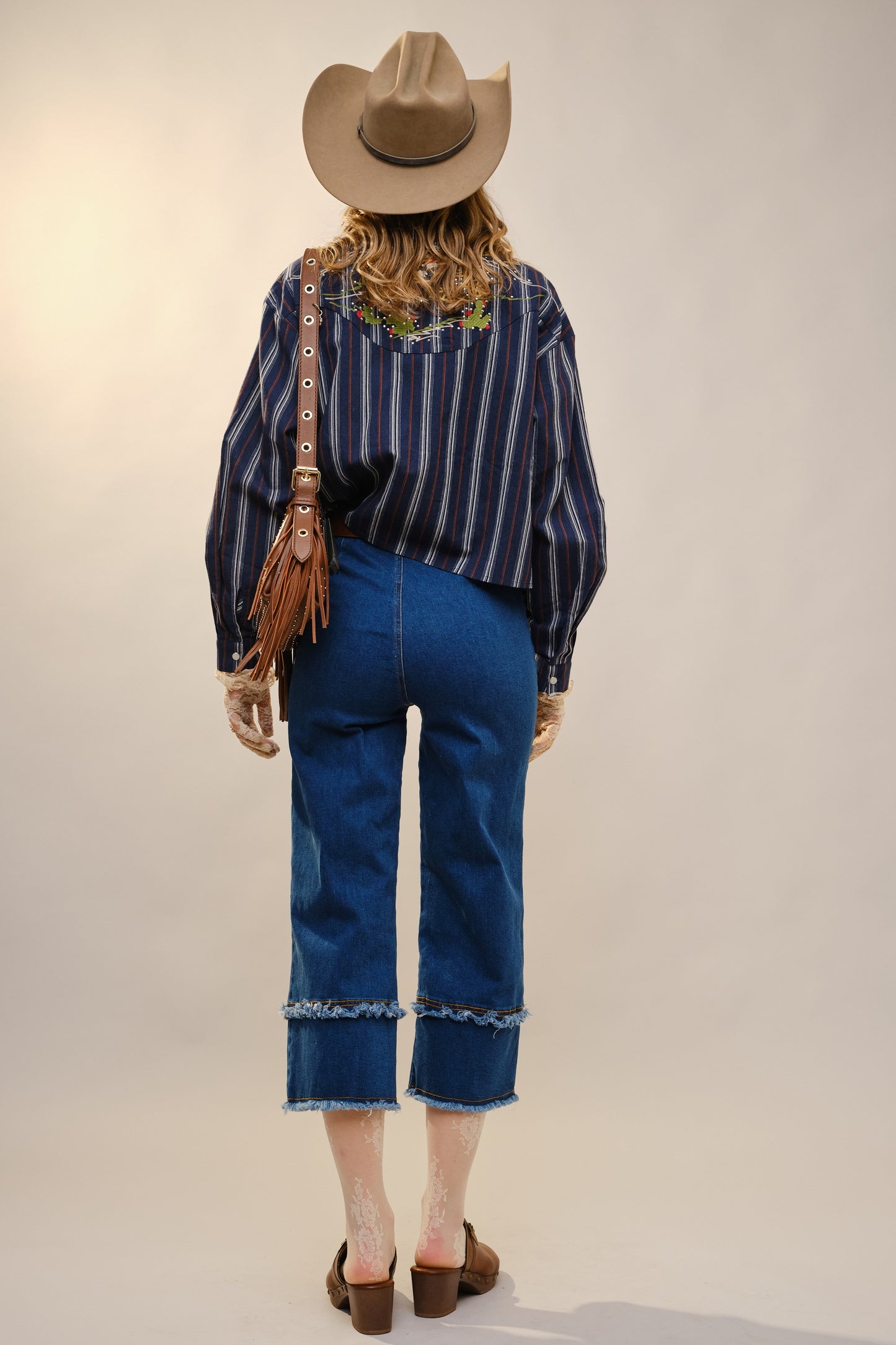 Navy Striped Cactus Embroidered Button Down
