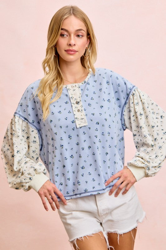 Floral Print Button Up Top with Shirring Sleeves