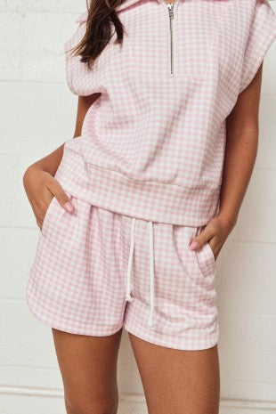 Pink Gingham Half Zip Short Set