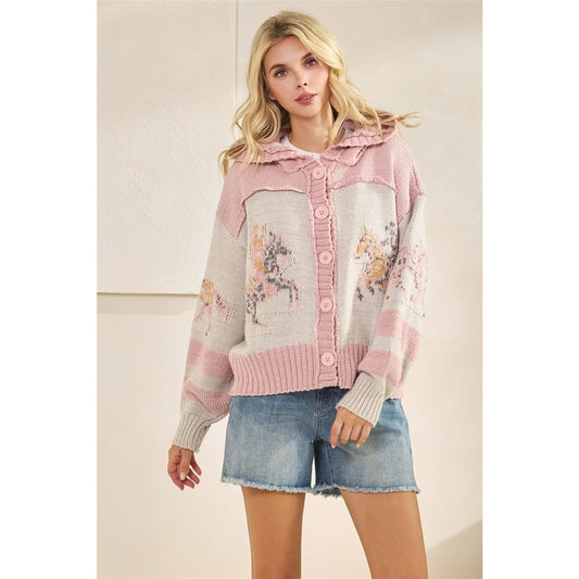 Pink Horse Print Button Up Sweater