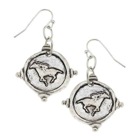Susan Shaw Silver  Intaglio Race Horse Earrings