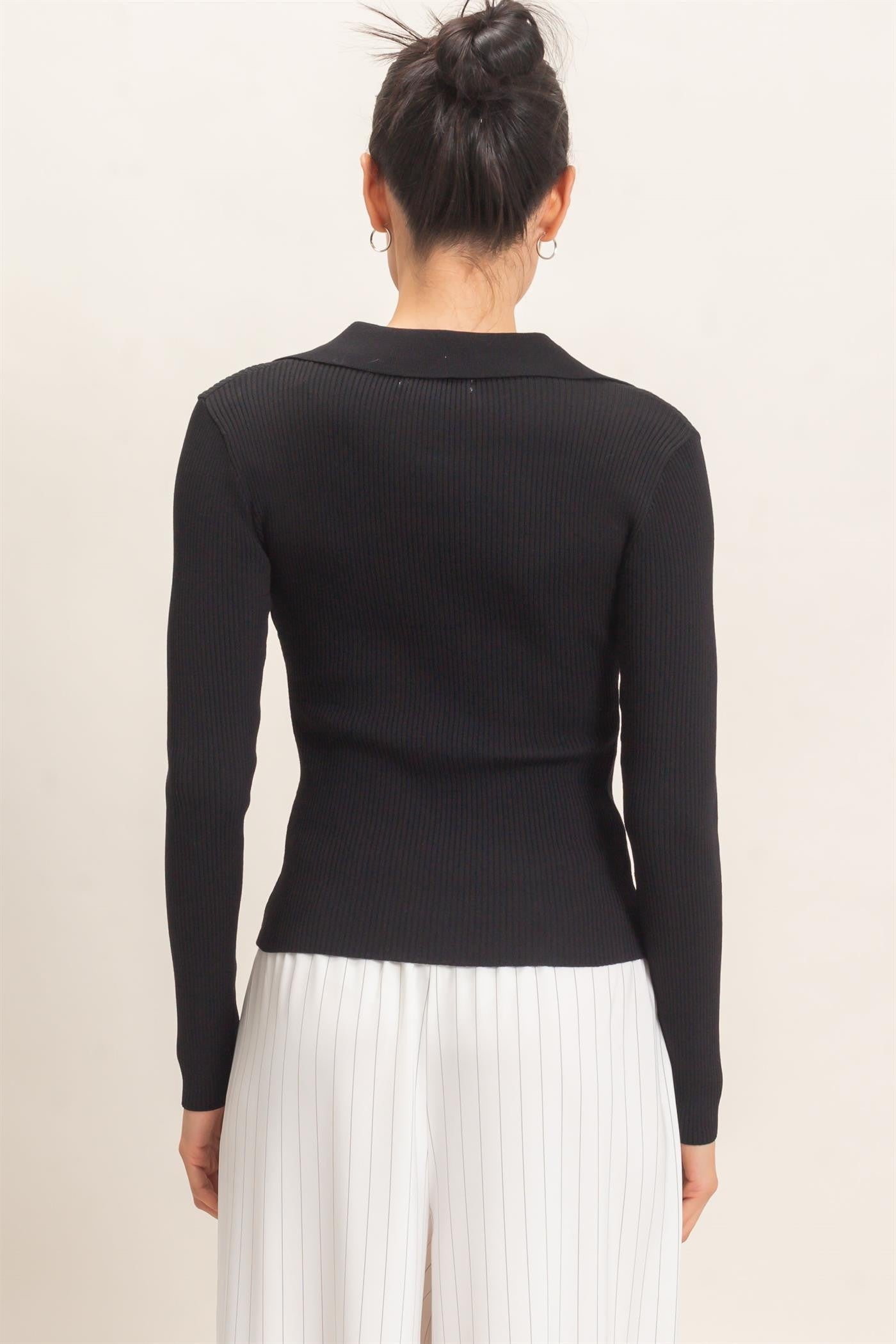 Black Ribbed V-Neck Sweater
