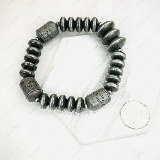 Pewter Rondel & 3 Barrel Bead Stretch Bracelet