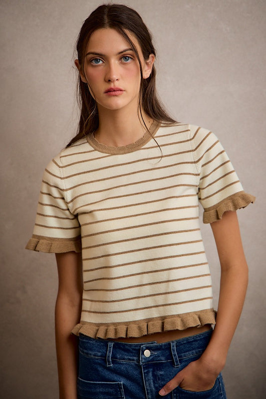 Stripe  Ruffled Sweater Knit Top