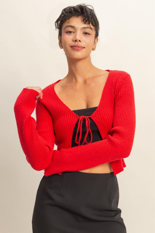 Red Tie Front V-Neck Cardigan