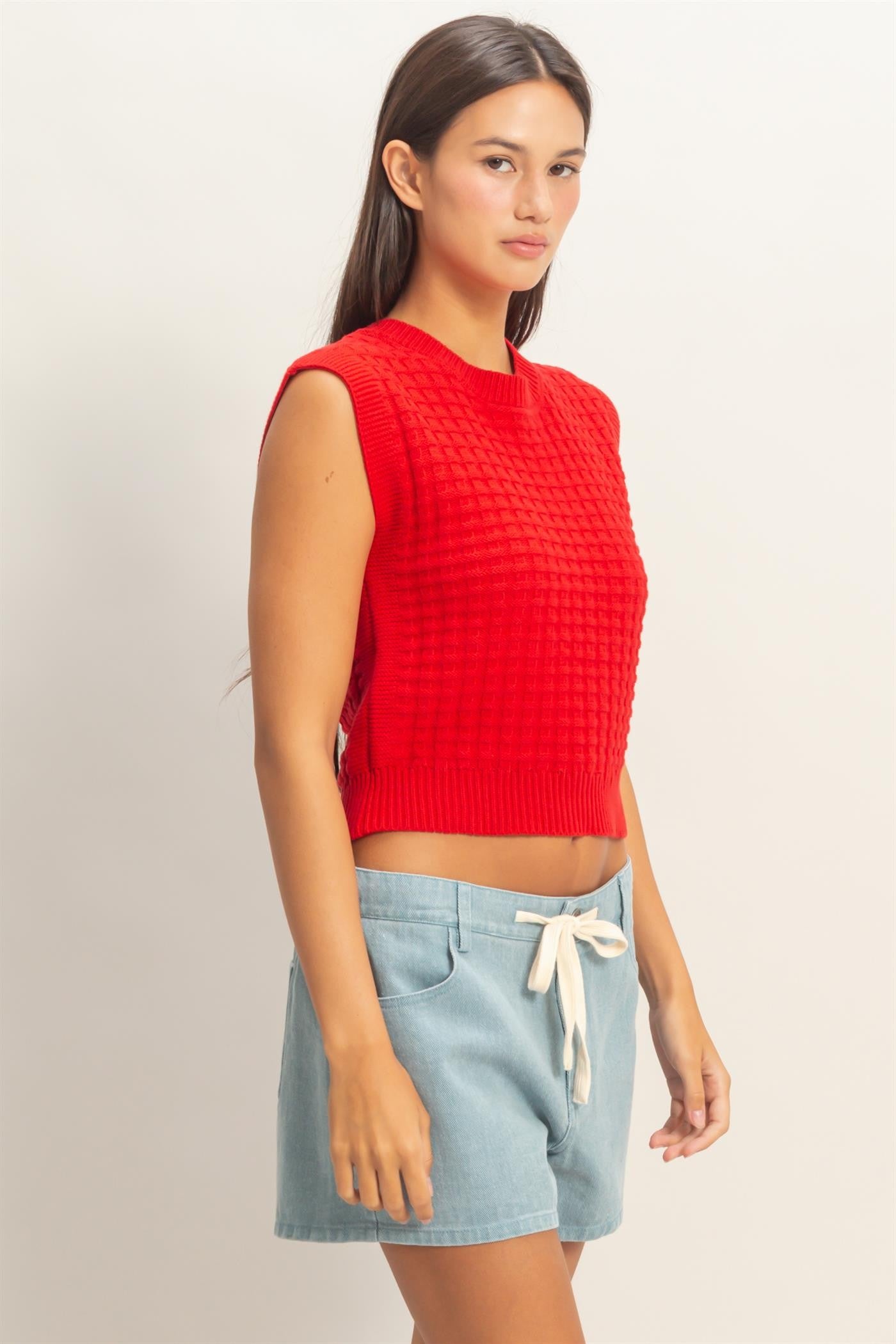 Red Textured Sleeveless Knit Top