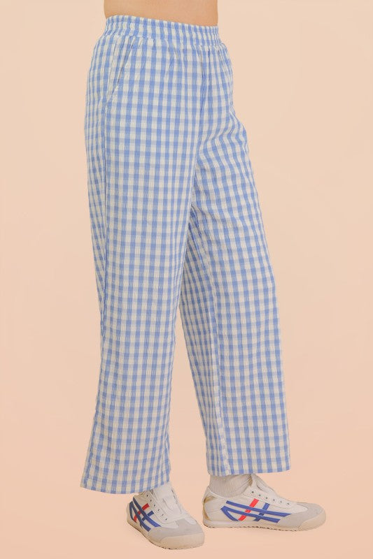 Elastic Waist Blue Checkered Casual Pants