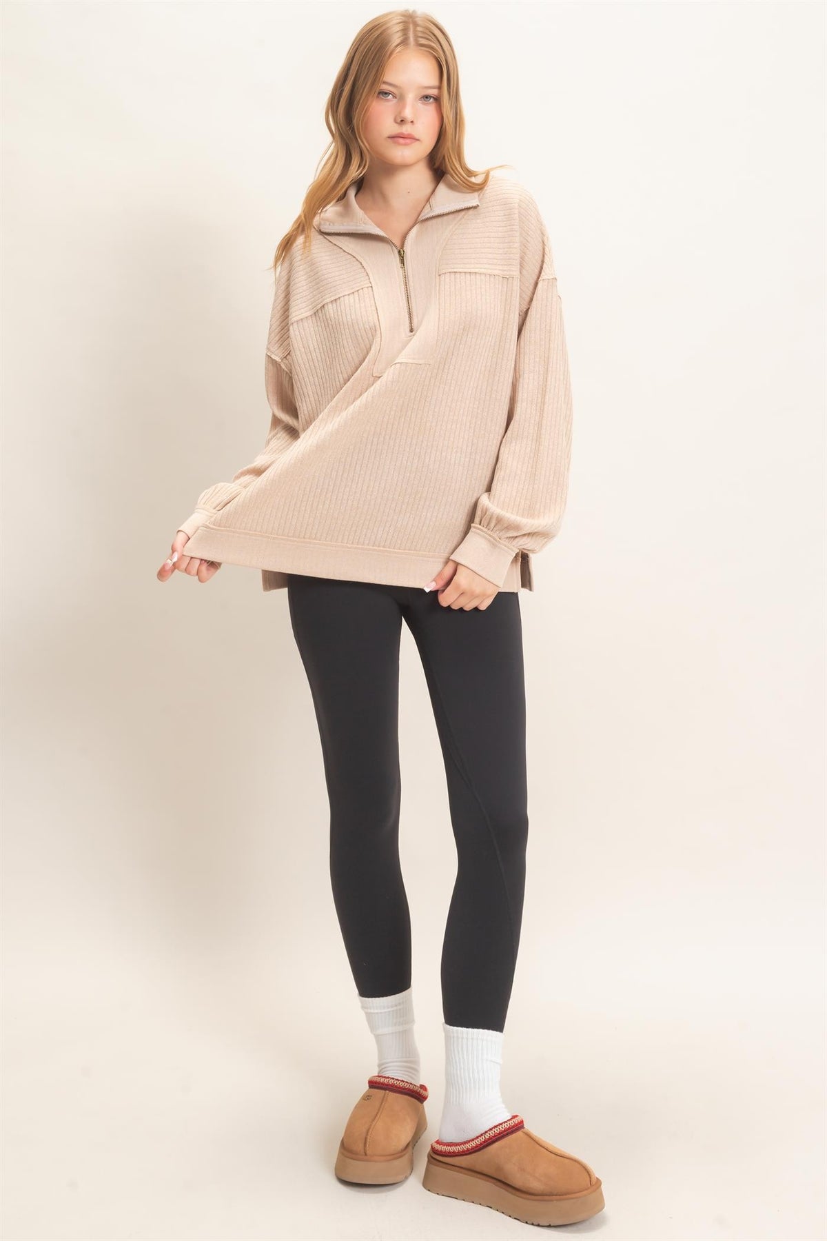 Beige Ribbed Knit Half-Zip Pullover