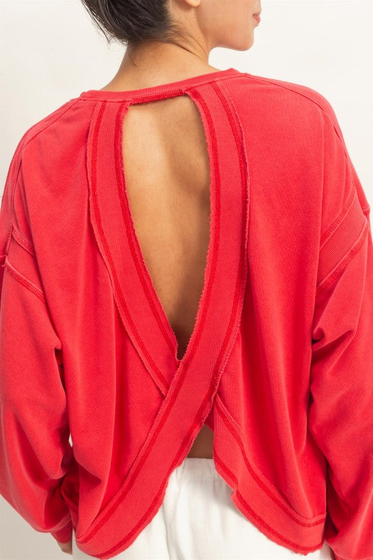 Cross Detail Open Back Sweatshirt- Red