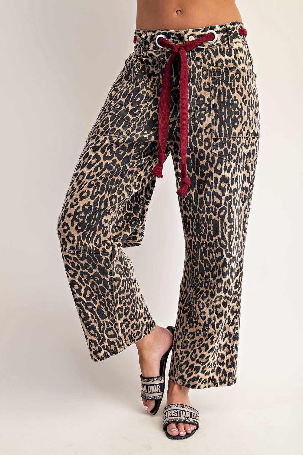 Leopard Tie Waist Barrel Jeans