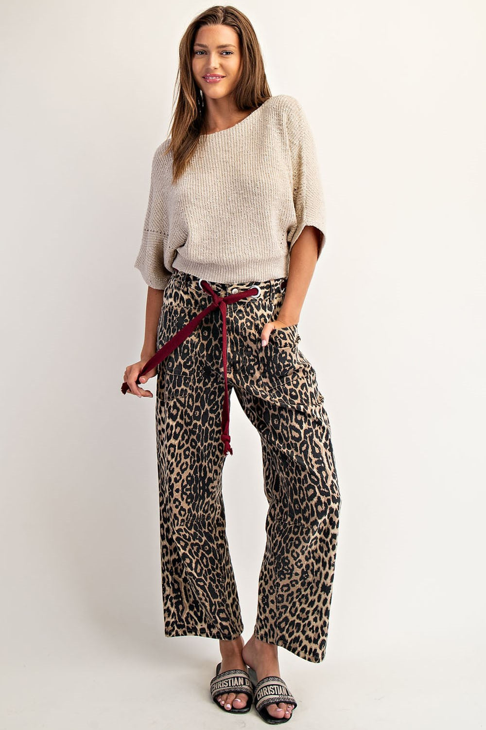 Leopard Tie Waist Barrel Jeans