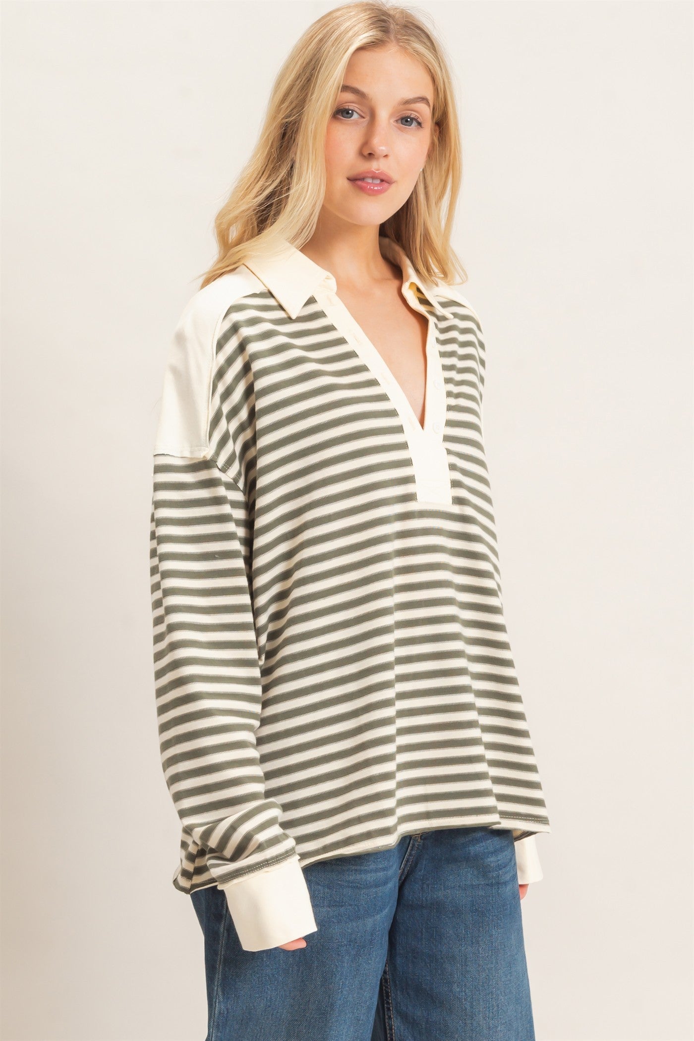 Olive Striped Henley Sweatshirt