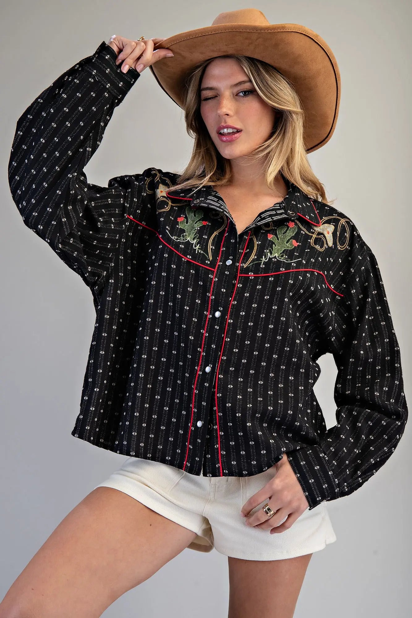 Embroidered Cactus Black Button Up Top