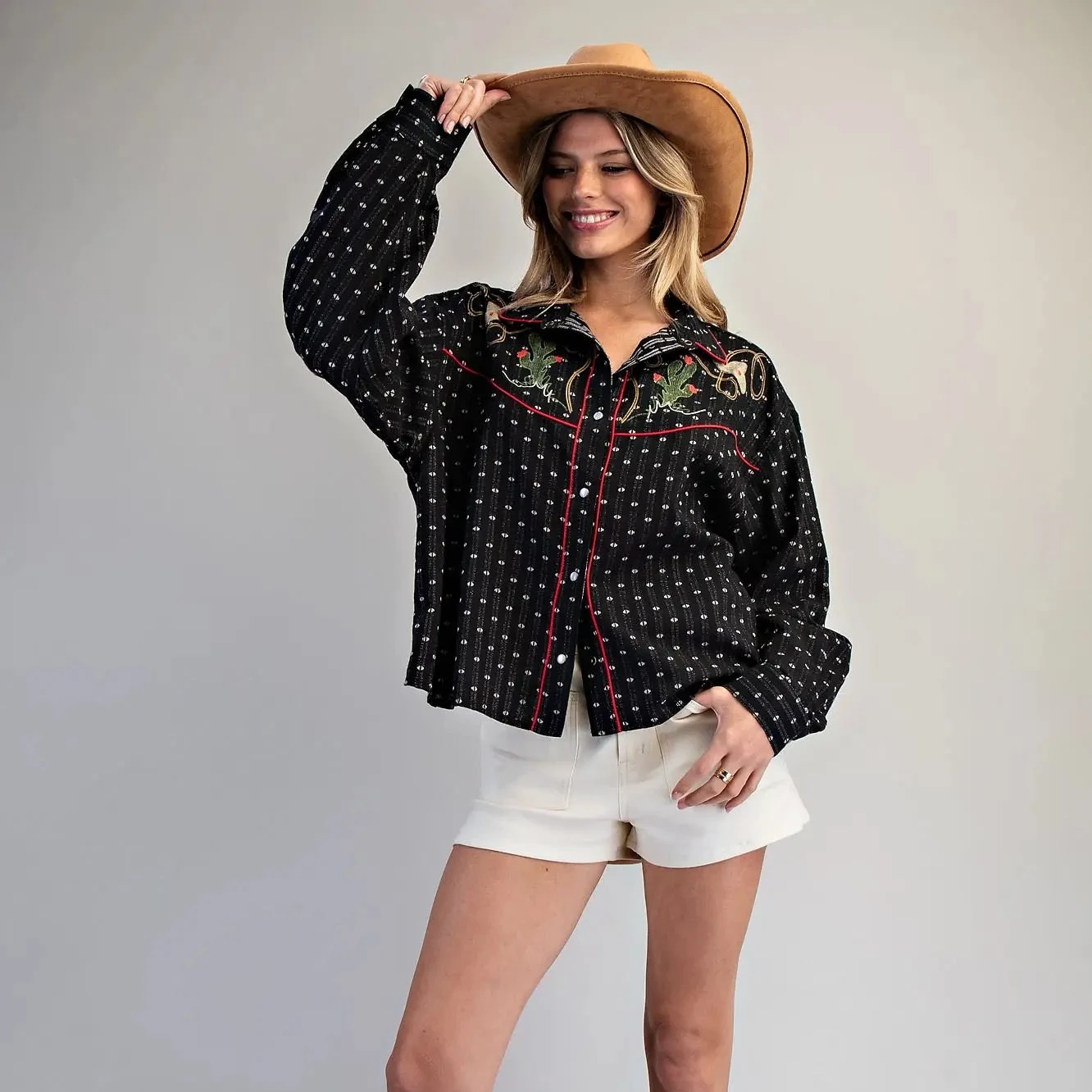Embroidered Cactus Black Button Up Top