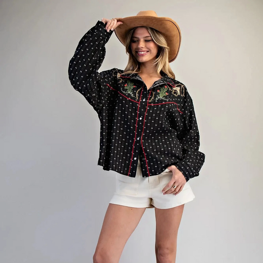 Embroidered Cactus Black Button Up Top