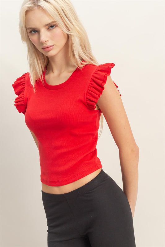 Flutter Sleeve Ribbed Cropped Top- Red