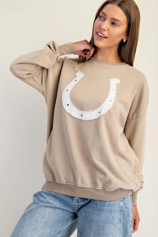Horse Shoe Applique Washed Pullover- Almond
