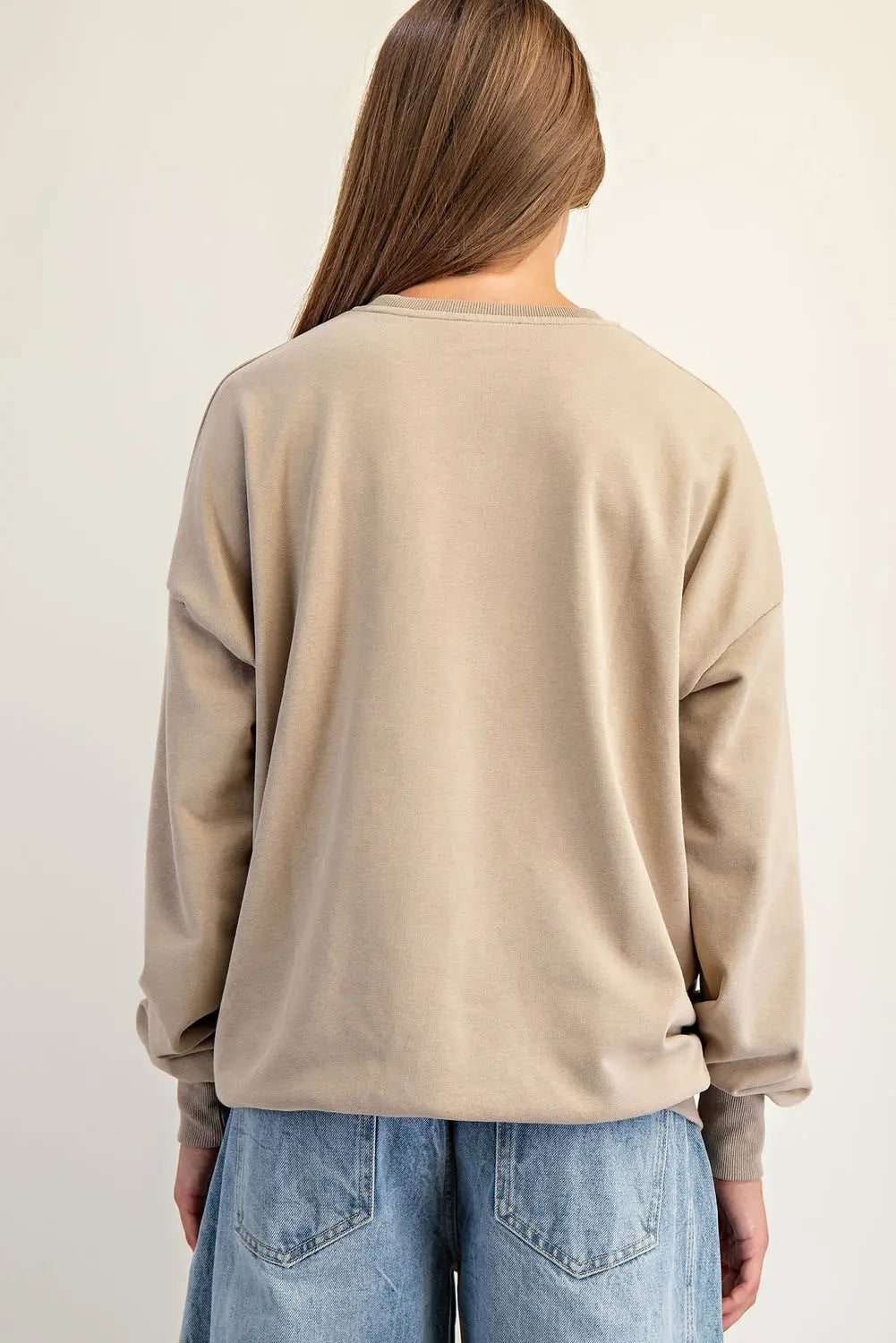 Horse Shoe Applique Washed Pullover- Almond