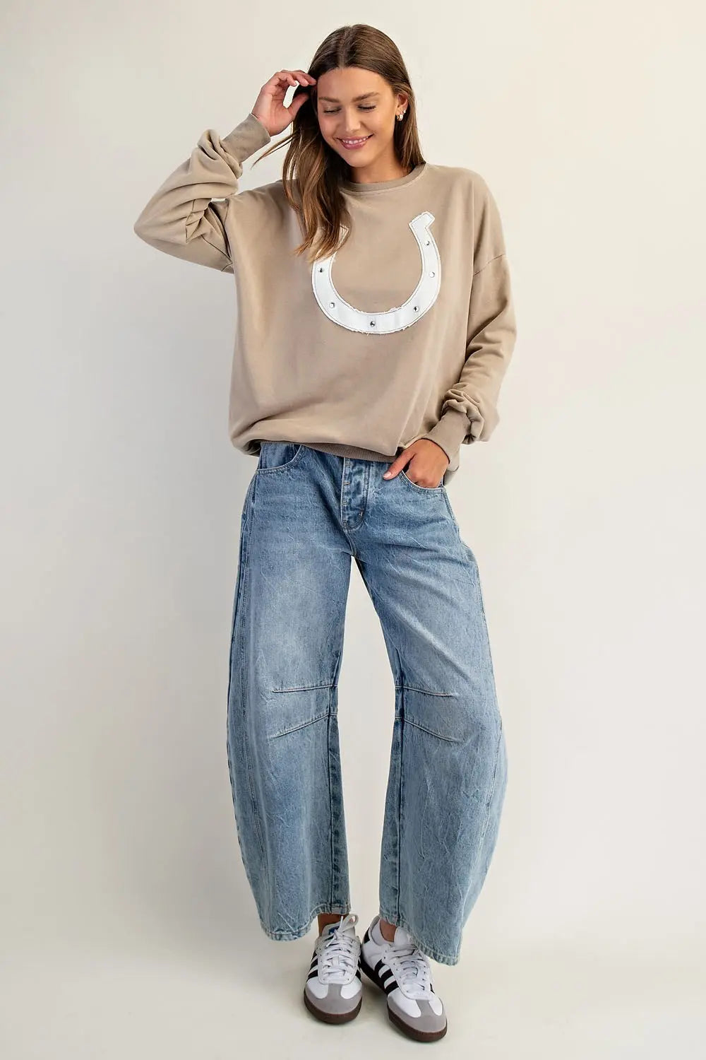 Horse Shoe Applique Washed Pullover- Almond