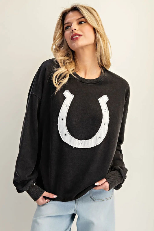 Horse Shoe Applique Washed Pullover- Black