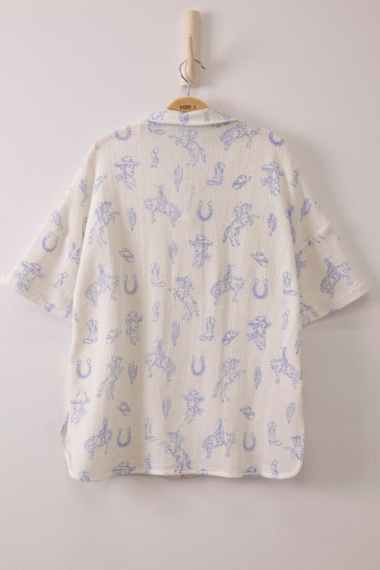 Western Graphic Oversized Button Down Shirt Top