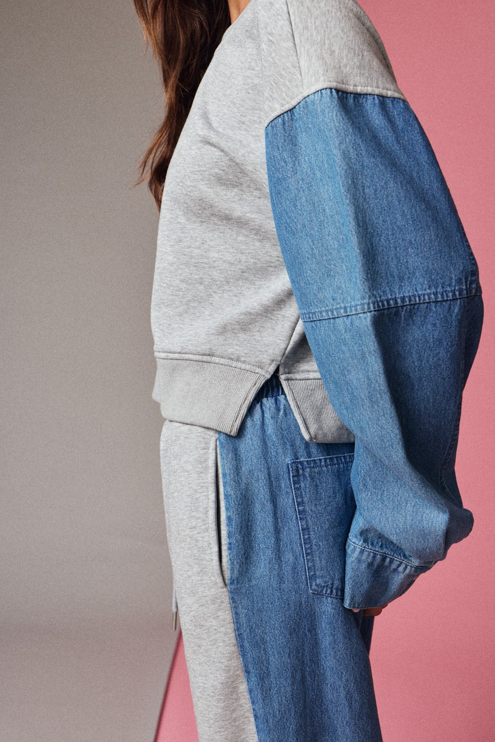 Color Block Relaxed Fit Denim Pants Set