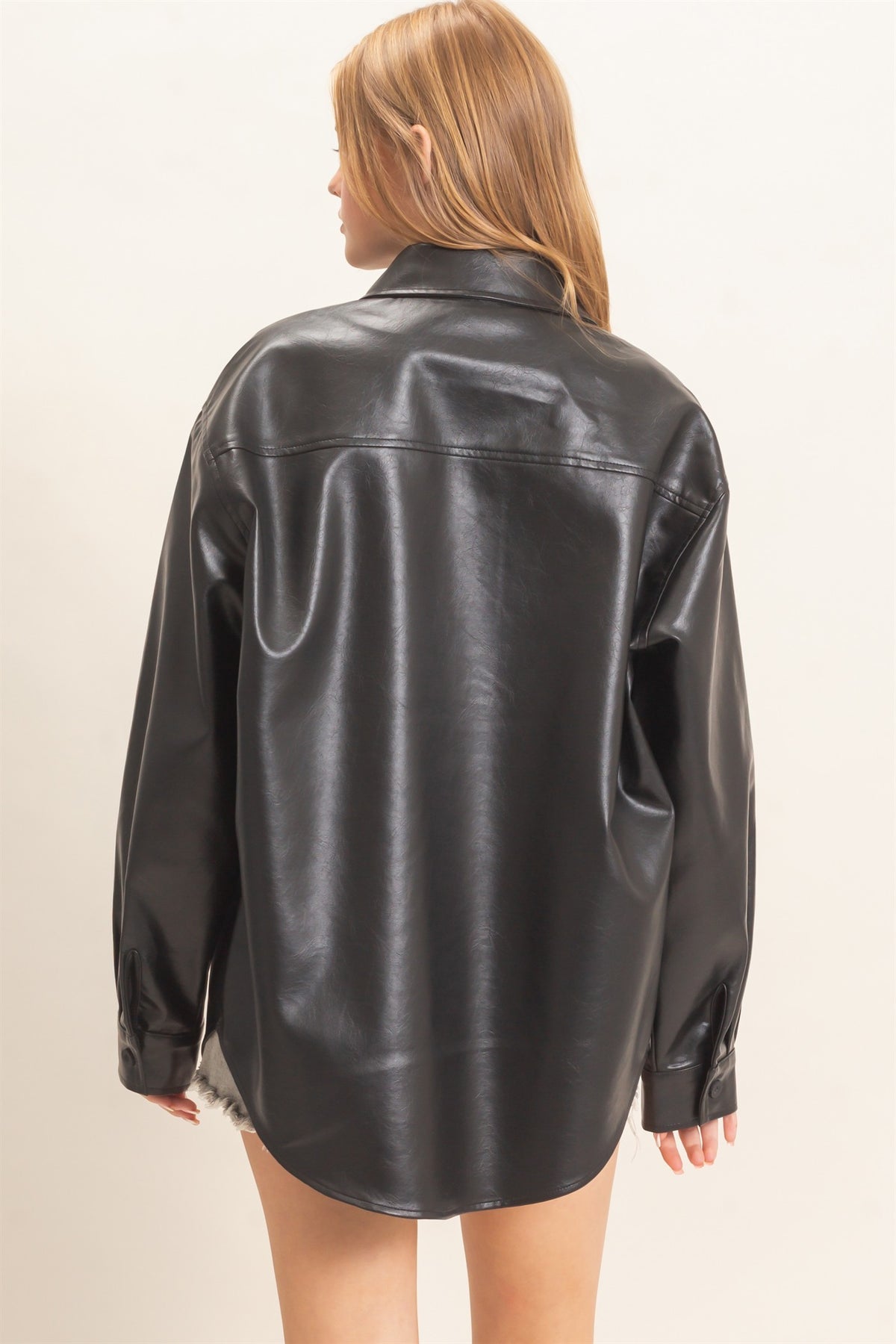 Faux Leather Button-Down Shirt- Black
