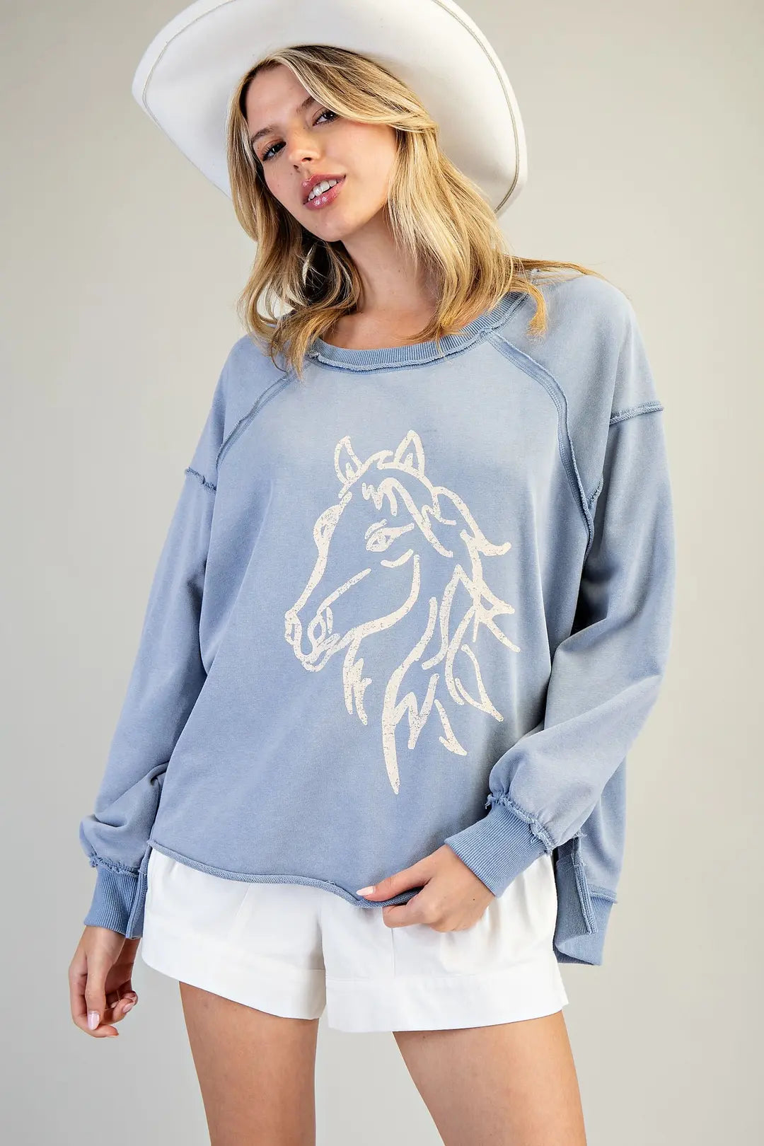 Denim Horse Motif Sweatshirt